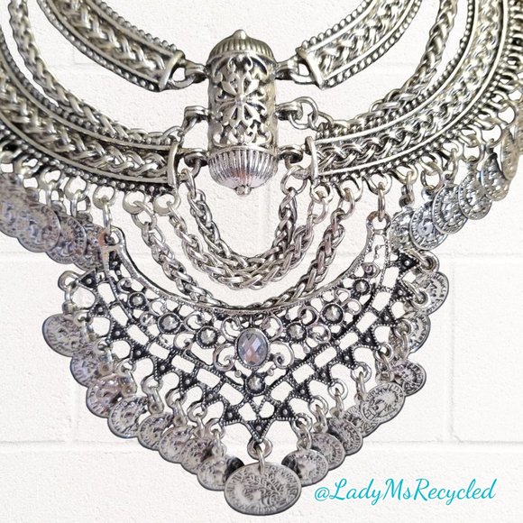 Chunky Silver-tone Statement Coin Necklace & Earrings Boho Belly Dance NEW! - Picture 5 of 10